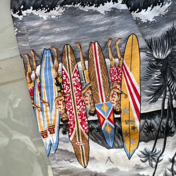 Hawaiian Made Shirt Size Medium Surfboard Button Front Hawaiian Surf Gray Cotton - Picture 3 of 8